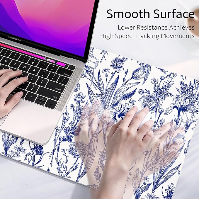 Mouse Pad Leather Desk Mat Large Keyboard Cute Office Desktop Computer Laptop XXL Long Big Aesthetic Modern Design Women Girls Gaming Gamer Oversized Wide Mousepad 31.5"x15.7", Blue Flower