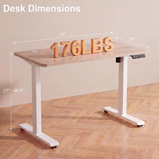 Electric Standing Desk with Power Outlets and USB-C Port, 55 x 24 Inches Adjustable Height Sit Stand Up Desk for Home Office, Adjustable Desk with Memory Preset and Wheels, Oak