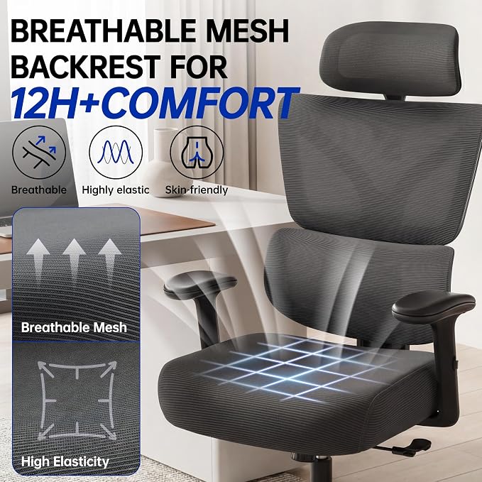 Ergonomic Office Chair, High Back Mesh Computer Chair with Comfortable Adaptive Lumbar Support, Built-in Coat Hanger, SGS Class 4 Gas Lift, Heavy Duty 300lbs for Long Hours Home Office