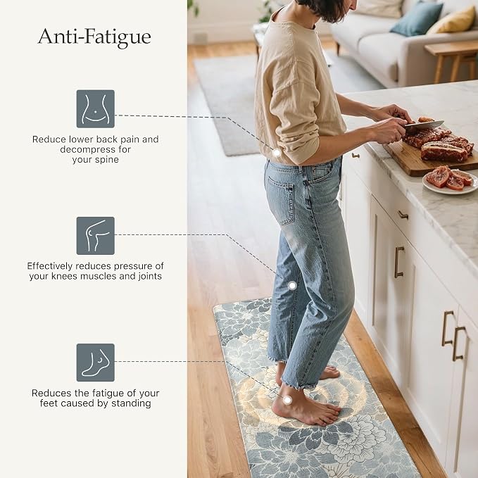 GENIMO Anti Fatigue Kitchen Mats for Floor 2PCS, Cushioned Standing Mats | 17.3"x59"&17.3"x30", Light Blue vintage floral rug set, waterproof, non slip, easy-clean for farmhouse