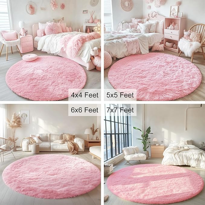 OLANLY Pink Round Rugs for Bedroom - Machine Washable, 5 ft Circle Area Rugs for Living Room, Soft and Fluffy Shaggy Carpet for Teen Girls and Boys, Nursery Rooms, Dorms, Home Decor Aesthetic