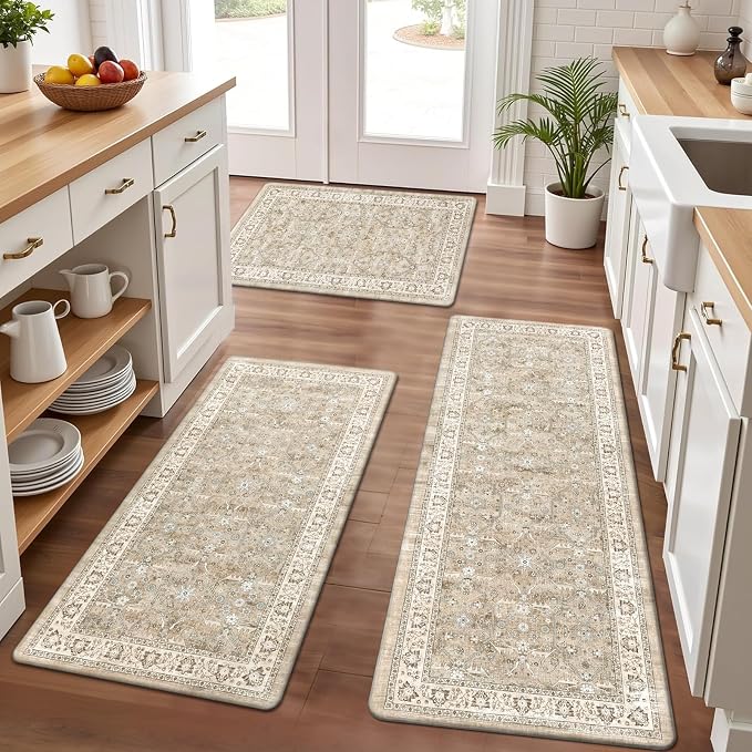 Pauwer Anti Fatigue Kitchen Floor Mats Set of 3, Cushioned Rug, Light Brown | Non Slip Comfort Standing Mat, PVC Foam Padded Kitchen Rugs, Waterproof Sink Rug for Small Kitchen Area, Laundry Room