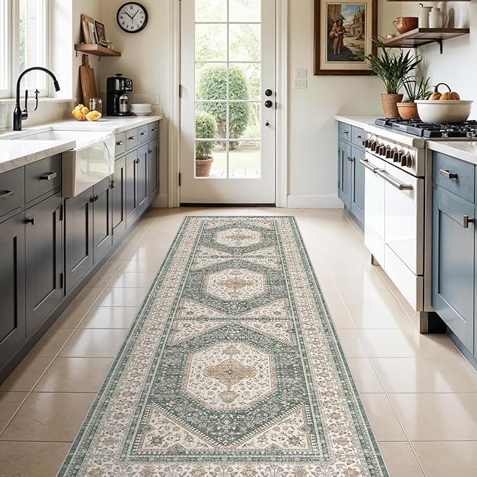 3x10 Runner Rug for Hallway Washable: Non Slip Kitchen Rugs with Rubber Backing Soft Waterproof Mats Stain Resistant Indoor Vintage Carpet Runner for Bedroom Bathroom Laundry Entryway Green/Beige