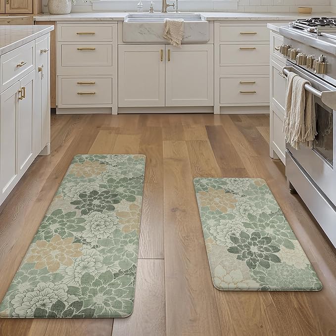GENIMO Anti Fatigue Kitchen Mats for Floor 2PCS, Cushioned Standing Mats | 17.3"x47"&17.3"x30", Green vintage floral rug set, waterproof, non slip, easy-clean for farmhouse