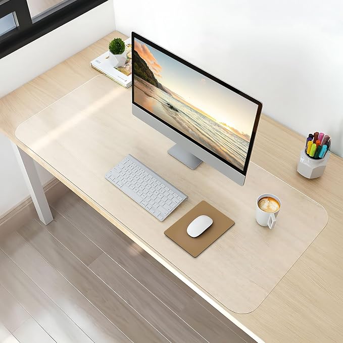 NATRKE Clear Desk Mat Pad, 27.6"x15.7" Large Transparent Computer Desk Mat Plastic Desktop Protector, PVC Writing Pad with Round Edge, Waterproof Wipeable Non-Slip Table Protector for Home Office