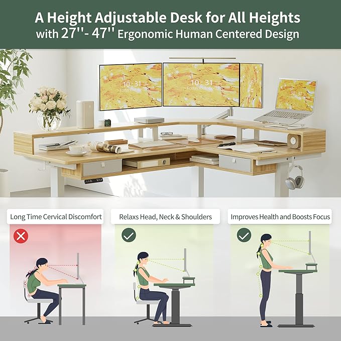 FEZIBO 63"x49" L Shaped Standing Desk with LED Strip & 2 Drawers, Upper and Lower Storage Shelves Available, Electric Height Adjustable, for Gaming, Office, Natural