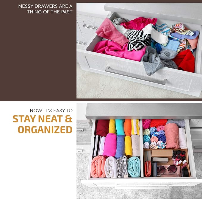 Bambüsi Bamboo Drawer Dividers 6 Pack - Deep Drawer Organizer, Adjustable 16 to 22 Inch Expandable Dividers, 2.6 Inch High Wood Separators for Kitchen, Clothes, Bedroom, Bathroom, Office - White