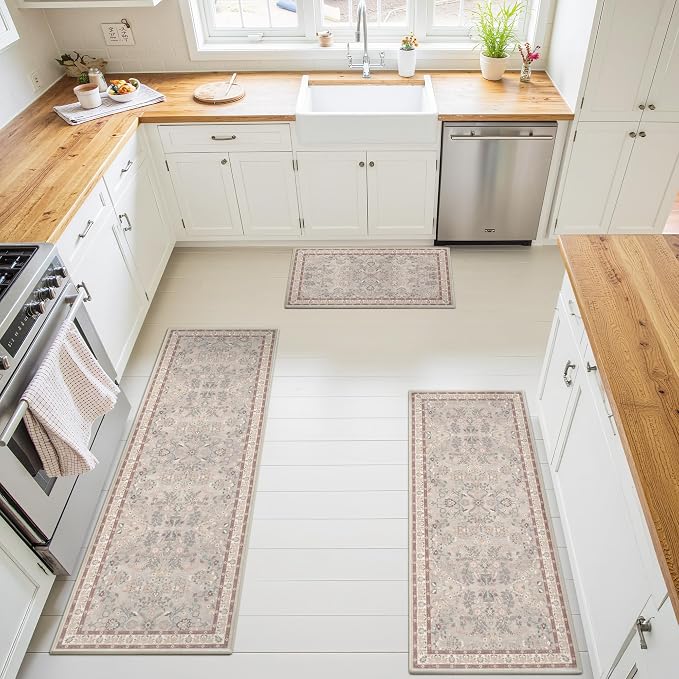 GRANNY SAYS Boho Kitchen Rug Sets of 3, Non Slip Washable Faux Wool Kitchen Mats for Floor, Thick Soft Anti-Fatigue Comfort Standing Mat Runner Rugs for Hallway Laundry Room, Boho Red