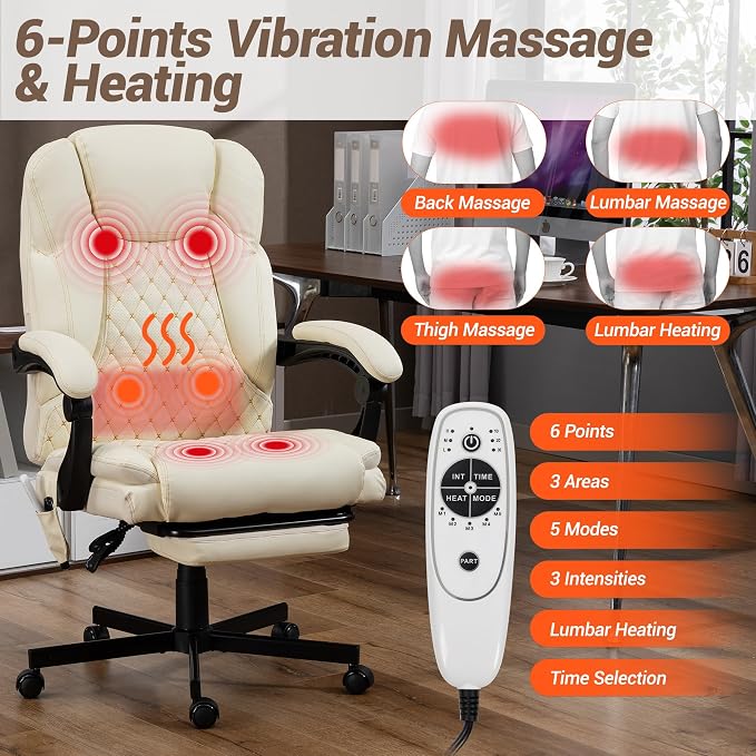 Heated Massage Executive Office Desk Chair with Footrest - Beige | 6 Points Vibration Massage System, 5 Massage Modes, 3 Target Areas (Back,Lumbar,Seat), Reclining 90°-135°