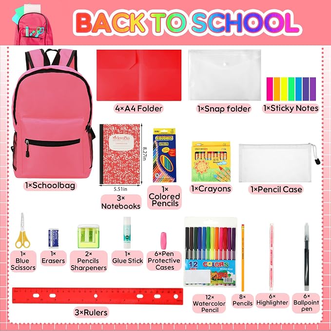 Gilprop 86 Pcs School Supplies Kit with Backpack Back to School Supplies Bag Set Elementary Essential Bundle Bulk for Student Classroom(Pink)