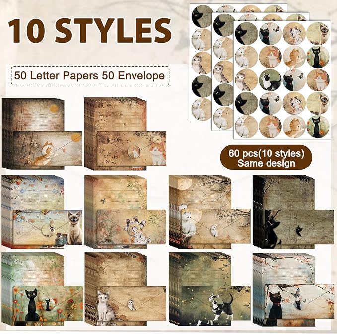 TaoBary 160 Pcs Stationery Paper Set 50 Double Sided Stationery Papers with 50 Matching Envelopes and 60 Round Dot Sticker, 10 Design(Kitten,8.5 x 11 Inch)