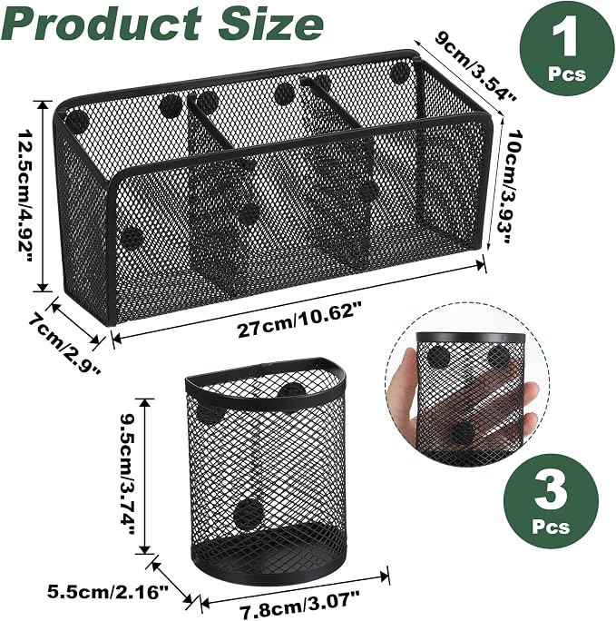 4 Pack Magnetic Pencil Holder for Whiteboard - Multi-Compartment Magnet Pen Holder Storage Basket Organizer for Locker, Refrigerator, Classroom & Office Supplies (Black)
