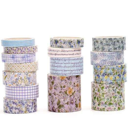 Floral Washi Tape Set - 15 Rolls Blossom Arts Adhesive Tapes Flowers Garden Decorative Masking Tape Sets for Craft, Kids, Scrapbook, DIY, Gift Wrapping (3-Lavender Fields)