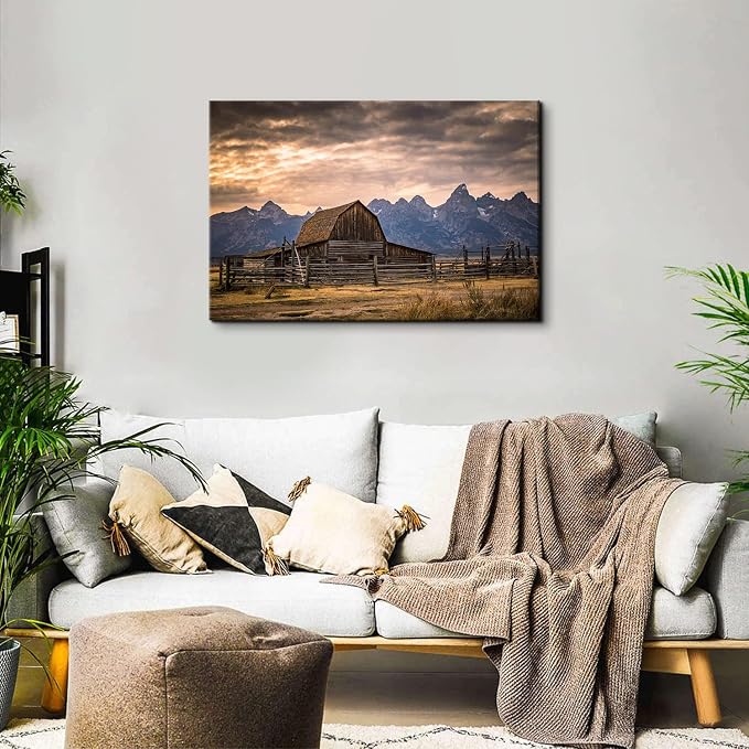 Grand Teton National Park Canvas Wall Art Sunset Moulton Barn Landscape Wall Decor, Wyoming Nature Mountains Scenery Picture Artwork Painting Decoration for Home Living Room Bedroom Kitchen 24x36"