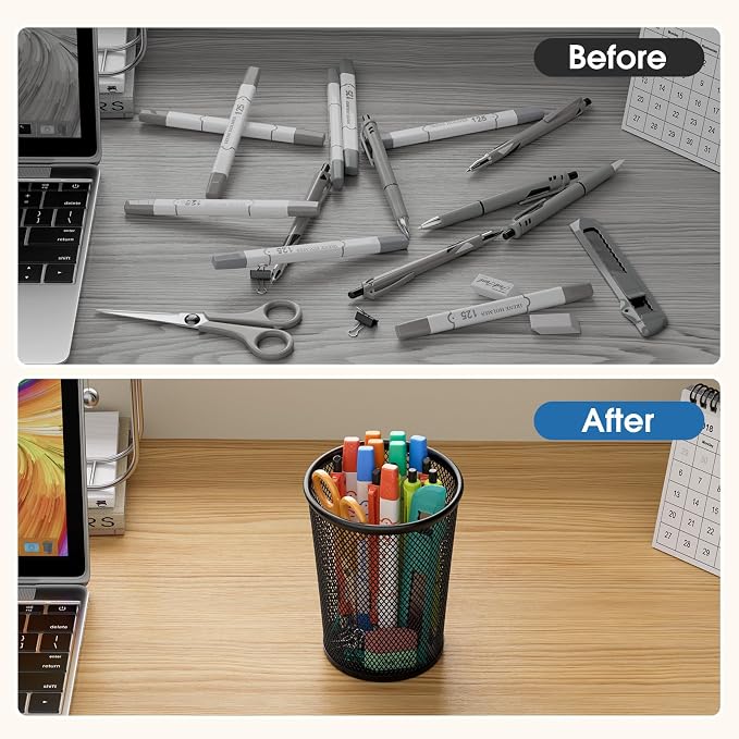 MaxGear Pen Holder for Desk 2 Pack, Mesh Metal 5.4’’, Makeup Brush Holders | Desk Organizers, Scratch-Proof Metal Base, 4.35" x 4.35" x 5.4", For Home School Office, Multi-Purpose