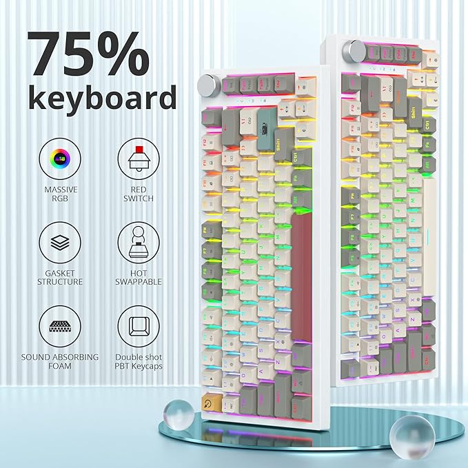 Guffercty kred 75% Retro Keyboard with Knob, Custom Gasket Mounted Wired Mechanical Gaming Keyboard 75 Percent RGB Hot Swap for Mac/Win (Gasket 82 Retro 9009)