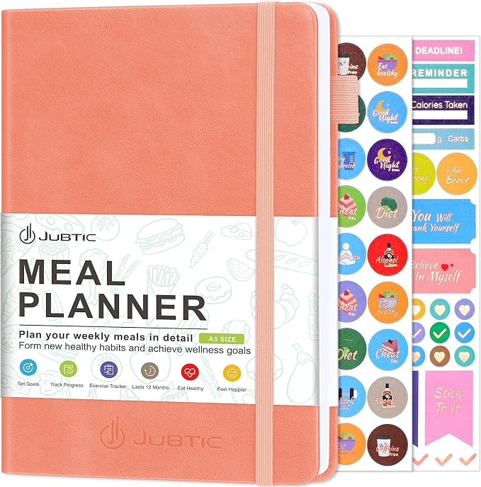 JUBTIC Weekly Meal Planner Notebook, Daily Meal Prep Journal with Shopping and Grocery Lists for Food Planning Menu Planning Healthy Diet or Weight Loss Tracking, Last 1 Year,Undated, A5, Pink