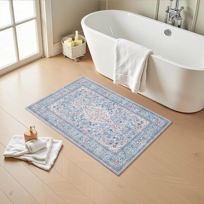 Blue Small Washable Area Rug, 2x3 Boho Vintage Entryway Rugs, Soft Non Slip Floral Door Mat, Aesthetic Low Pile Carpet for Front Door Entry Carpets Entrance Bedroom Kitchen