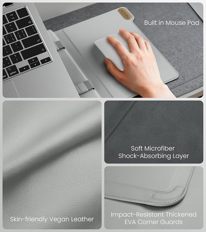Nillkin 14 inch Laptop Sleeve with Handle (4-in-1), 2 Stand Modes, Slim Laptop Case with Adjustable Stand & Mouse Pad, MacBook Air 13 inch Case for Samsung/Surface/HP/Chromebook/Dell 12-14‘’, Gray