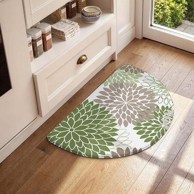 KIMODE Half Circle Kitchen Mats for Floor Cushioned Anti Fatigue Semi Round | Half Round,28"x18",Dahlia Boho,Sage Green,Kitchen Rug Non Slip ,Waterproof Sink Floor Mat Carpet Decor for Laundry Bathroom