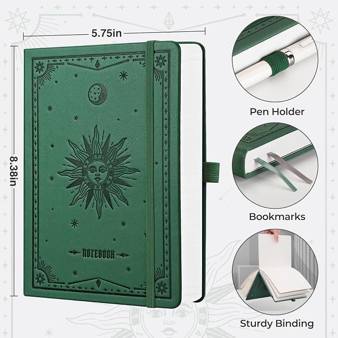 EMSHOI A5 College Ruled Notebook, 320 Numbered Pages 100GSM Ink-Proof Faux Leather Hardcover Lay-Flat Lined Journal for Work Office School Writing, SUN Design, Small 5.75" x 8.38", Dark Green