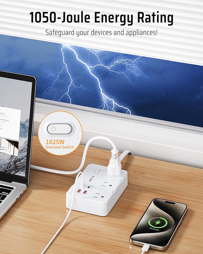 DEPOW Surge Protector Power Strip, 3 FT Extension Cord with 6 AC Outlets(1625W/13A) 4 USB Ports,1050J Surge Protection, Wall Mountable Charging Station for Office, Home, White