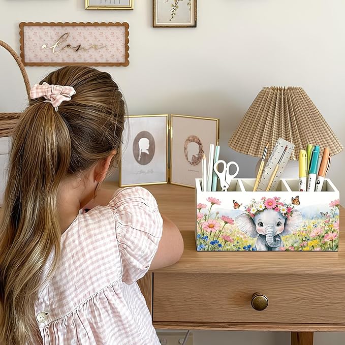 Elephant Pen Pencil Holder for Desk Accessories, Elephant Gifts for Women & Kids, Rustic Butterfly Flower Wild Animal Wooden Box Sign Decorations for Kids Room Home Office Desk Tabletop
