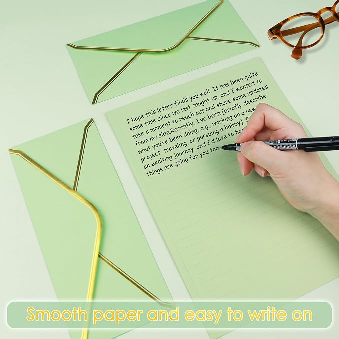 J6&H6 Gold Thread Stationary Paper and Envelopes Set Including 12 Standard Sized Phnom Penh Envelopes and 24 Sheets of Lined Paper Suitable for Daily Emotional Expression Formal Communication(green)