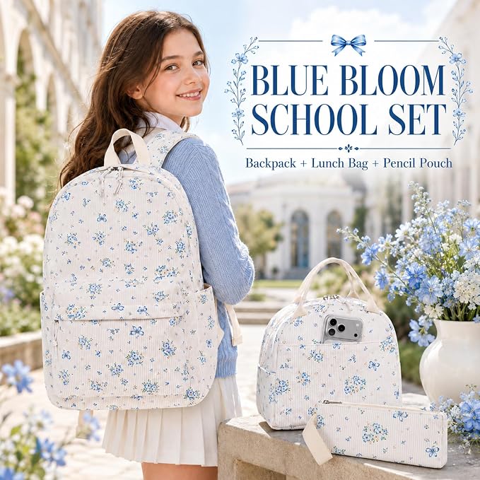 Bluboon School Backpack Set Girls Womens Laptop Bookbag Casual Daypack Fits 15 inch Laptop with Lunch Tote Bag and Pencil Bag