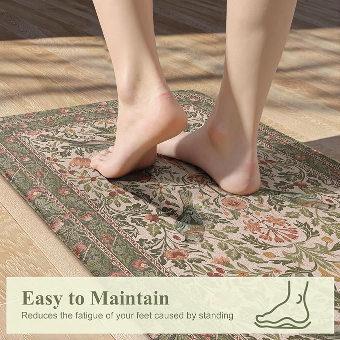 KIMODE Kitchen Mats Anti Fatigue,Cushioned Kitchen Rugs Runner | Olive Green,Boho Floral Bird Kitchen Rugs Non Slip ,Wide Long Memory Foam Kitchen Floor Mat for Laundry Sink Office Home