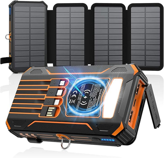 SOARAISE Solar Charger Power Bank - 48000mAh Wireless Portable Charger Built-in 4 Cables and 4 Solar Panels, PD QC 3.0 Fast Charging USB C Battery Pack with Flashlight for Camping Travel
