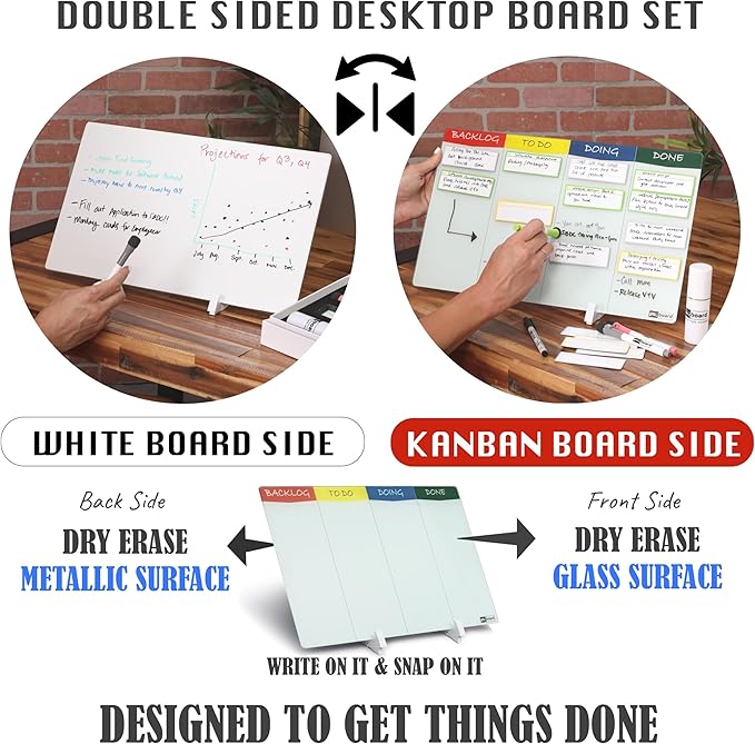 PMXBOARD Desktop Kanban Board & Whiteboard (Double-Sided) 18” x 11” Glass Dry Erase Board with Stand, 24 Reusable Task Cards, 6 Markers – Scrum Agile Project Management Desk Planner
