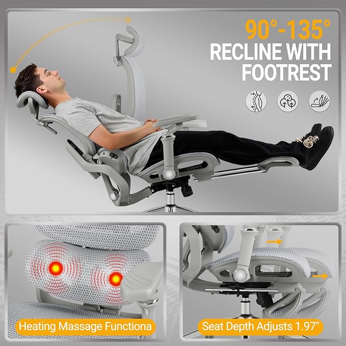 Furmax Ergonomic Office Chair, High Back Executive Chair with Heated Massage Lumbar Support, 6D Armrests, Adjustable Headrest & Footrest, Breathable Full-Mesh Design, Gray