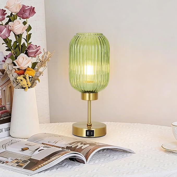 LAMSU Vintage Table Lamp for Bedroom with Bulb, Small Green Glass Beside Lamp with USB Ports, 3 Way Dimmable Gold Desk Lamp, Mid Century Modern Nightstand Lamp for Living Room, Office, Home Decor