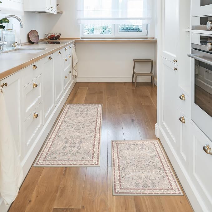 GRANNY SAYS Boho Kitchen Rug Sets of 2, Non Slip Washable Faux Wool Kitchen Mats for Floor, Thick Soft Anti-Fatigue Comfort Standing Mat Runner Rugs for Hallway Laundry Room, Boho Red