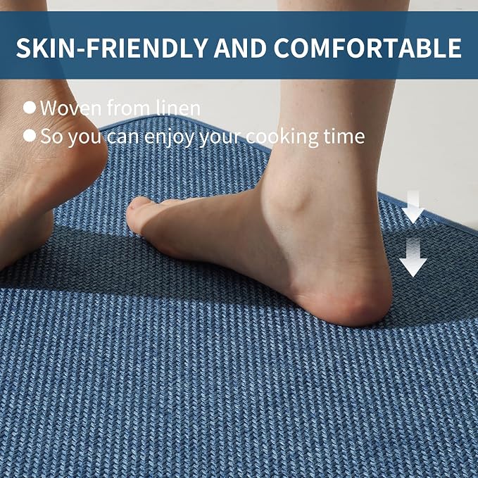 YDKGL Kitchen Mats for Floor, Super Absorbent Kitchen Rugs Non Slip Washable, Soft Imitation Linen Braided Kitchen Runner Rug, Standing Mat Sink Mat, Easy to Clean, Blue 17x47