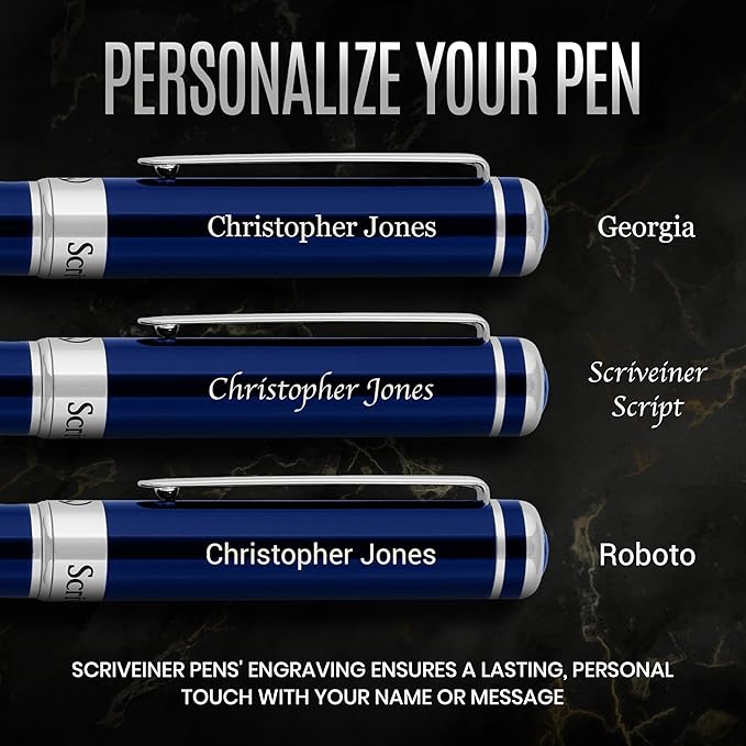Scriveiner Personalized Midnight Blue Ballpoint Pen - Stunning Blue Lacquer Luxury Pen, Chrome Finish, Schmidt Ink Refill, Best Engraved Ball Point Gift Set for Men & Women, Custom Name Engraving