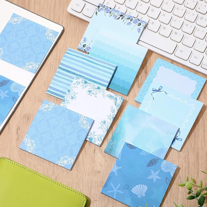 9 Pcs Aesthetic Sticky Notes Cute Pastel Self Stick Notepads Easy to Post Desk Supplies for Home Office Decor School Accessories Women Birthday Coworker Gifts(Blue)