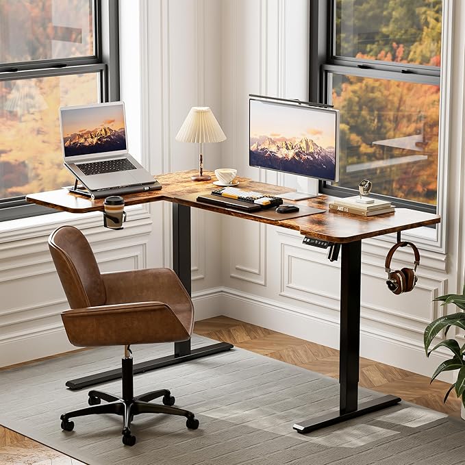Acrolix L Shaped Electric Standing Desk - 51x31.5 Inch Reversible Corner Sit Stand Desk with Hook&Cup Holder,Electric Height Adjustable Table,for Small Home Office&Bedroom Computer Desk, Rustic Brown