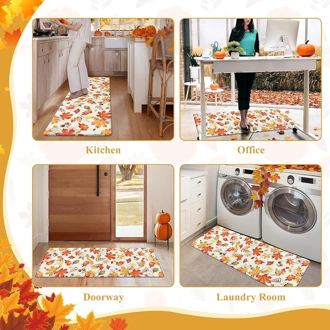SHACOS Fall Anti Fatigue Kitchen Mats Orange Maple & Acorn 17x27.5+17x47 | Autumn Harvest Cushioned Kitchen Rugs Set of 2 Beige Non Slip Kitchen Floor Mat Ergonomic Standing Mats