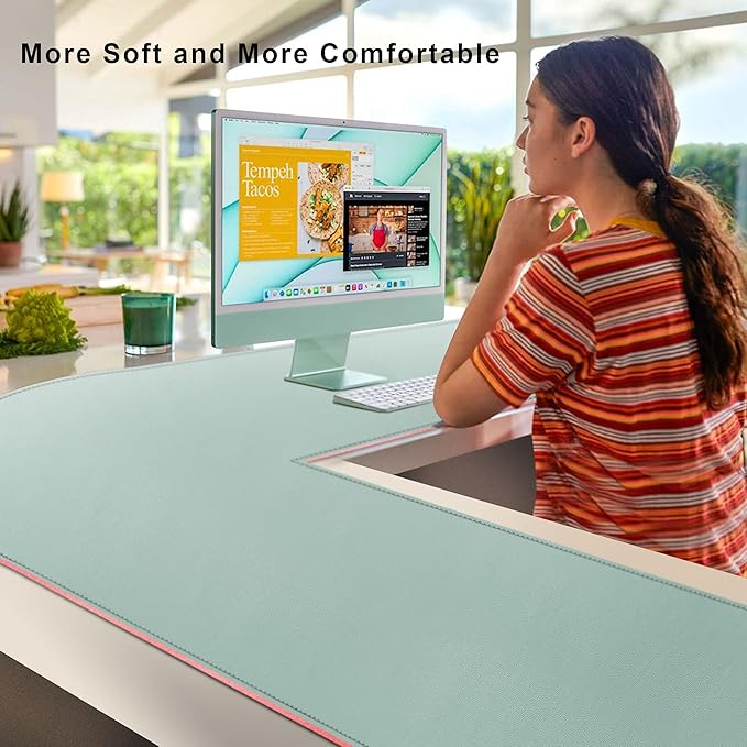 Vyaaa L-Shaped Leather Desk Pad Protector,Large Mouse Pad Corner Desk Mat,Double Sided Desk Blotter for Computer,Laptop,Office or Home,51" x 51"x 15.8",Pink and Green