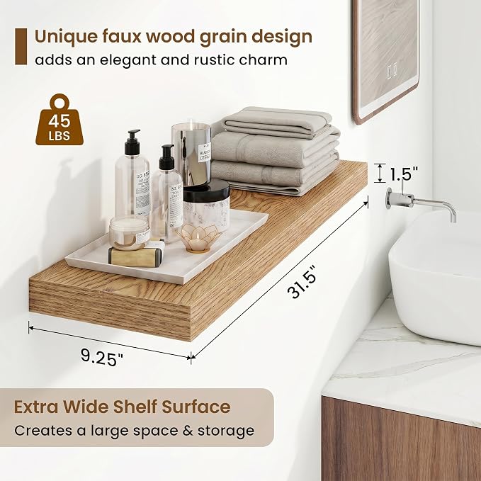 Marsmiles 32in Floating Shelves for Wall, 32" W x 9.25" D x 1.25" H, 2 Pack Long Wall Mounted Engineered Wood Shelves with Invisible Brackets for Living Room, Bedroom, Bathroom, Kitchen, Cedar