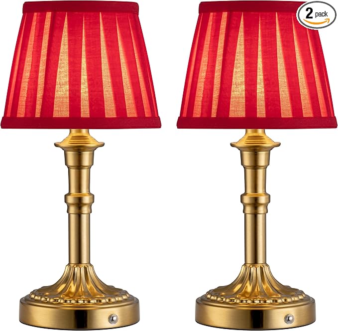 KDG Cordless Portables Table Lamp Set of 2, LED Fabric Shade Small Desk Lamps, 5000mAh Battery Powered Lighting, 2700K Stepless Dimmable Light for Living Room, Dining Room, Bedroom (Gold+Red)