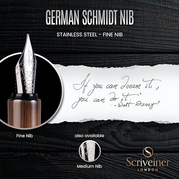 Scriveiner Luxury EDC Fountain Pen (Fine), Stunning Heavy Brass Pocket Pen, Hand Brushed Copper Finish, Schmidt German Nib Converter, Best Writing Pen Gift Set for Men Women, Nice Fancy Designer Pen
