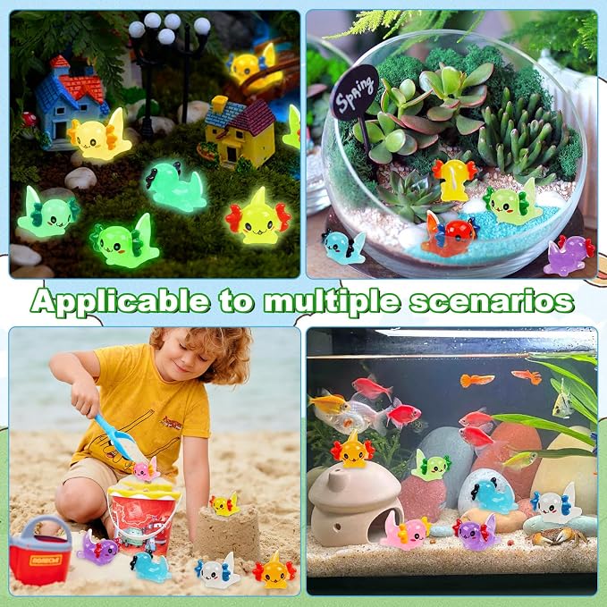 64PCS Luminous Mini Resin Axolotl 8 Colors Glow in The Dark Small Little Resin Axolot to Hide Bulk Miniature Plastic Animal Figures for Micro Landscape Dollhouse Fairy Garden Aquarium Potted DIY Decor