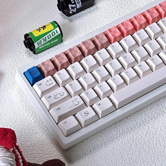 PBT Cat Keycaps, White Minimalist Keycap, 163 Keys Cherry Profile Keyboard Keycaps Set, Cute Cat Dye-Sublimation Custom Key Caps for Cherry MX Switches Mechanical Gaming Keyboard