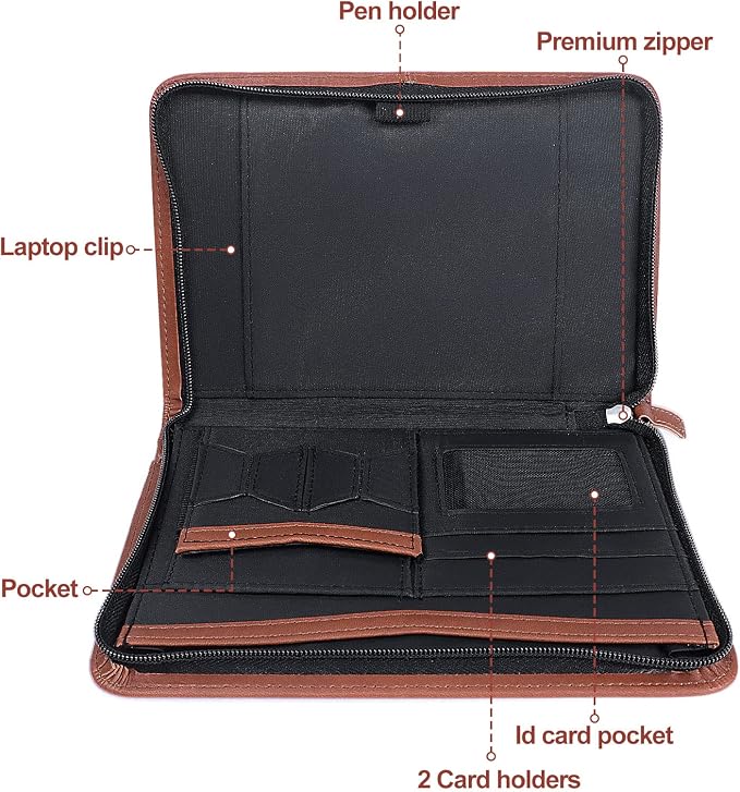 Padfolio/Portfolio, Leather Zippered Padfolio Portfolio Binder 5 x 8 Legal Writing Pad, Professional Business Portfolio for Men & Women, Card Holder, Notepad Clipboard Holder (Brown-9.5 * 6.5)