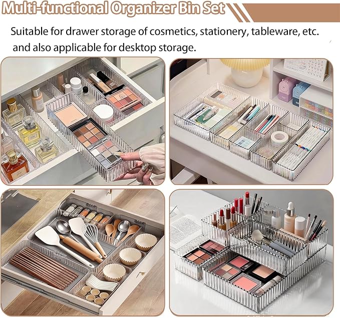 Makeup Drawer Organizer Bins Set - 7 PCS 4-Size Clear Bathroom Drawer Organizers Trays, Desk Junk Vanity Drawer Organizer Storage, Kitchen Utensils, Bathroom, Jewelries and Office
