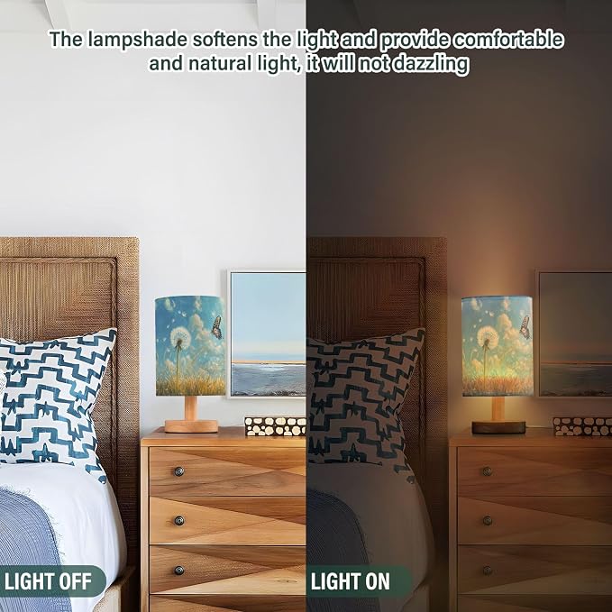 Table Lamp Dandelion Field Butterfly Nature Blue Sky Nightstand Lamp with Wood Base Fabric Lamp Shade Bedside Desk Lamp for Living Room Bedroom Kids Room Office