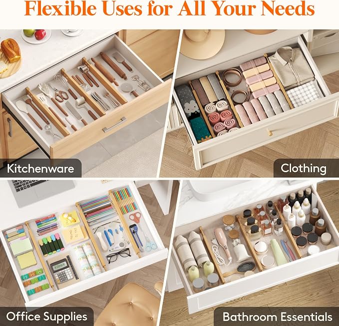 Lifewit 2.4" High 6 Pack Bamboo Drawer Dividers 45-55cm/17.5-22" Adjustable Wooden Drawer Organizer for Clothes/Utensils, Expandable Drawer Separator for Dresser/Kitchen/Bedroom/Office Organization